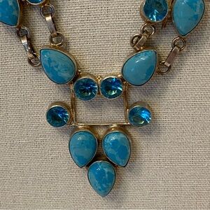 Sterling Silver 925 Genuine Larimar And Blue Rhinestone Statement Bib Necklace